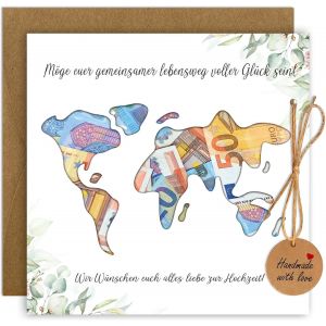 Cadeau de mariage en argent avec enveloppes, cadeau de mariage personnalis&eacute; pour couple de mari&eacute;s, carte du monde, cadeau en argent, emballage cadeau de mariage, carte du monde, cadeau en argent - Neuf