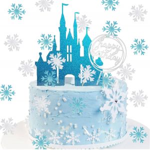 MEVRONISSHOP-D&eacute;coration de g&acirc;teau au ch&acirc;teau Princesse, flocons de neige avec ch&acirc;teau, Reine des Neiges Blue D&eacute;coration de g&acirc;teau pour enfants et filles, No&euml;l, flocons de neige argent&eacute;s, d&eacute;coration d - Neuf