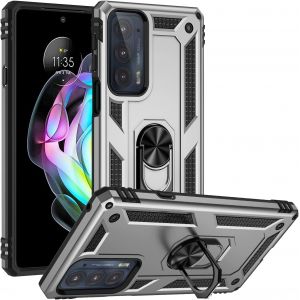 Kal-Coque Pour Motorola Moto Edge 20 + Hd Verre Trempé, Silicone Souple Et Pc Dur Armor Protection Résistante, Anti-Choc, Anti-Rayure, Etui Housse Avec Support Kickstand,Argent - Neuf