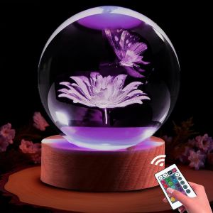Cadeau Papillon Pour Femme - Lampe Boule De Cristal 3D Avec T&eacute;l&eacute;commande, Veilleuse, D&eacute;coration Pour Anniversaire, No&euml;l, F&ecirc;te Des M&egrave;res - Neuf
