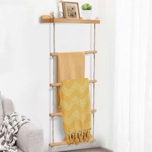 Porte-Serviettes, 4 Niveaux &Eacute;chelle Porte Serviette avec &Eacute;tag&egrave;re, Echelle Decorative Bois pour Salle de Bain, Chambre &agrave; Coucher, Salon, Buanderie (98 * 43 cm) - Neuf