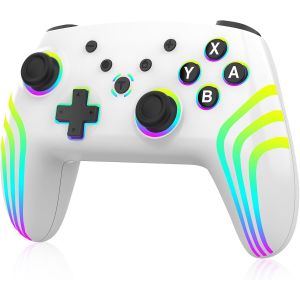 Hljhj-Manette Sans Fil Pro Pour Switch/Switch 2/Lite/Oled/Pc, Contrôleur Avec 7 Couleurs D'éclairage Rgb Changeantes/Double Vibration/Gyroscope 6 Axes/Turbo, Joystick Ergonomique Et Précis, Blanc - Neuf