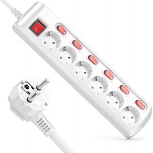 Bloc Multiprise 6 Prises Commutable Individuellement Câble de 3,0m (6X Interrupteur Marche/Aarrêt et 1x Interrupteur Principal) Courant Barrette Électrique Prise Multiple - Blanc - Neuf