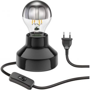 Lampe De Table E27 En Porcelaine Tix,Ronde Avec Fiche Et Interrupteur,Noir,90mm Incl. Ampoule E27 461lm Blanc Chaud - Neuf