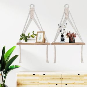 CAUC-Set de 2 &Eacute;tag&egrave;re Suspendue en Bois Flottant avec Corde - &Eacute;tages Design Boho pour Salon, &Eacute;tag&egrave;re Murale, &Eacute;tag&egrave;re Flottante avec Corde en Pin Massif, Brun - Neuf