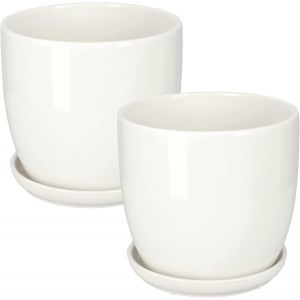 ERYI-® Lot De 2 Pots De Fleurs, En Céramique, Pour Fleurs, Plantes, Diamètre : 13 Cm, Avec Bac D'Égouttement, Blanc - Neuf