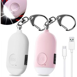 Alarme d'urgence personnelle 130 dB (rose et blanc, 70 x 36 x 17 mm), rechargeable, avec lampe torche LED, anti-cambriolage, pour femmes, enfants, personnes âgées et aventuriers. - Neuf