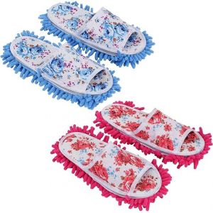 2 Paires De Nettoyage En Microfibre Chaussons, Lavable Et Amovible, Réutilisable, Pour La Salle De Bains, Bureau, Cuisine, De Bleu Et De Rose-Rouge, Taille 40-42 (Ue), Unisexe - Neuf