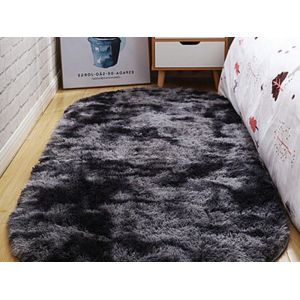 Tapis Ovale En Peluche Tie-Dye Gris Foncé 50 X 160 Cm Pour Chambre Et Salon - Neuf