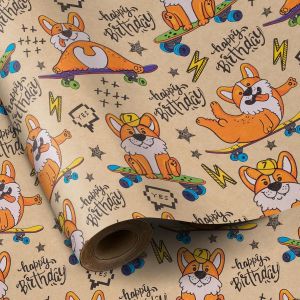 Rouleau De Papier D'emballage Kraft - Mini Rouleau - Conception De Chien De Planche À Roulettes D'anniversaire Idéal Pour Anniversaire, Fête, Baby Shower - 43,2 Cm X 10 M - Neuf