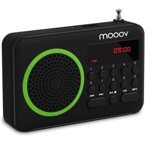 mooov 477202 Petite Radio Portable FM avec Batterie Rechargeable - Poste Transistor Radio Réception FM, Port USB, Lecteur Carte Micro SD - Noir / Vert - Neuf