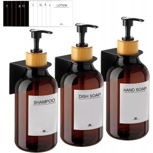 ERYI-3 Pièces Distributeur Savon Mural, Distributeur De Savon 500Ml Avec Étiquettes No Perçage Pour Cuisine Et Salle De Bain - Marron - Neuf