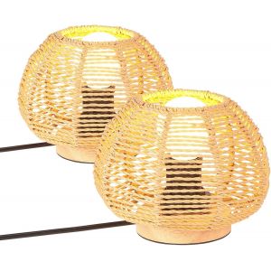 Lot De 2 Lampe De Table Tissée Lampe De Chevet Style Bohème Abat-Jour En Papier Ficelle Lampe Vintage Bois Éclairage De Table Veilleuse Déco Pour Chambre Bureau Lecture - Neuf