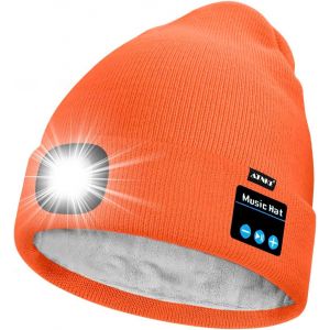 Unisexe Led Bluetooth Bonnet Lampe Frontale,Usb Rechargeable 4 Led Musique Parleur Chapeau De Course Lumière Chaud Polaire Doublée Tricot Bonnet Cadeaux Pour Hommes Et Femmes - Neuf