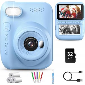 Appareil Photo Instantané Enfant, 3.0"" Grand Écran 14 MP Appareil Photo Enfant avec Carte de 32 Go & Papier d'impression, Appareil Photo Numérique Enfant Cadeau pour Enfants 3-12 Ans, Bleu - Neuf