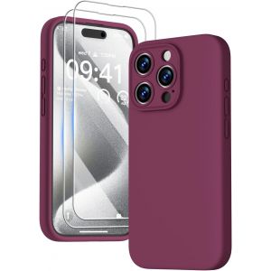 3 En 1 Coque Iphone 15 Pro Silicone Liquide - Avec 2 Verre Trempé - Étui Protection Précise De Caméra [Résistant Aux Rayures] [Antidérapant] Iphone 15 Pro Case 6.1"", Vin Rouge - Neuf