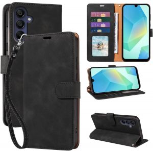 KALANKA-Étui portefeuille pour Samsung A16 avec blocage RFID, 4 emplacements pour cartes, dragonne, béquille, fermeture magnétique, résistant aux chocs, en cuir souple (noir) - Neuf