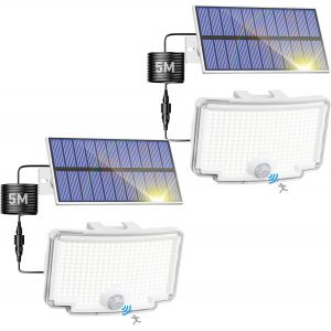 Lampe Solaire Exterieur Detecteur De Mouvement 318 Led, 3 Mode Lumiere Solaire, Ip65 &Eacute;tanche Spot Solaire Avec C&acirc;ble De 5m, Eclairage Solaire Pour Jardin Garage Cour, Blanc Froid[Lot De 2] - Neuf