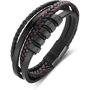 Men's Bracelet Gift For Men Black Leather Bracelet Braided Genuine Leather Bracelet Wide Wrap Bracelet With Magnetic Closure,21cm,Leather,Leather - Neuf