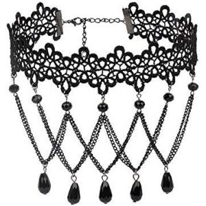 Kal-Collier Ras Du Cou En Dentelle Noire Avec Pendentif En Cristal - Style Gothique Creux - Accessoires D'halloween Pour Femmes Et Filles - Neuf