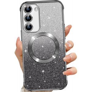 SJZG-Coque Magn&eacute;tique Pour Samsung Galaxy S23, Etui &Agrave; Paillettes Compatible Avec Magsafe, Antichoc Charge Sans Fil Housse Pour Samsung S23 5G, Avec 2 Verre Tremp&eacute;, Noir - Neuf