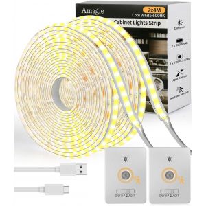 2 Pi&egrave;ces 5000Mah 4M Cob Ruban Bande Led Usb Blanche Chambre Lumiere Pile Interieur Nuit Veilleuse D&eacute;tecteur De Mouvement Rechargeable Bandeau Led Strip Lights Tv Escalier Placard Lampe Sans Fil - Neuf