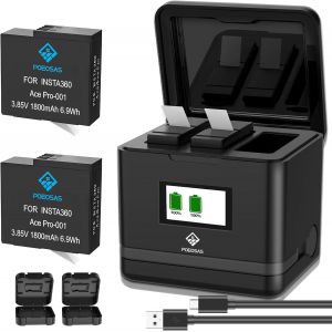 Lot de 2 batteries de rechange 360 Ace Pro 1800 mAh avec 3 emplacements de chargeur LCD compatibles avec appareil photo insta360 Ace Pro/Ace Pro 2, 2 coques de protection pour appareil photo - Neuf