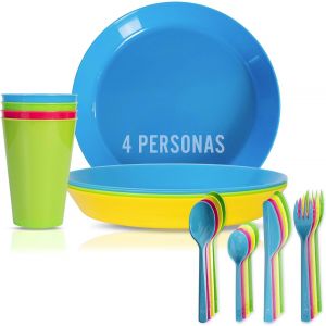 Tianyi-. Lot De 4 Assiettes En Plastique Dur R&eacute;utilisables + 4 Verres + Couverts De Camping Pour 4 Personnes. Passe Au Micro-Ondes Et Au Lave-Vaisselle. Accessoires Sans Bpa. - Neuf