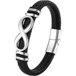 Bracelet Homme Cuir, Bracelet Vikings Homme, Croix Chretienne Hommes Bracelets Acier Argent Noir, Bijoux Cadeau Hommes - Neuf
