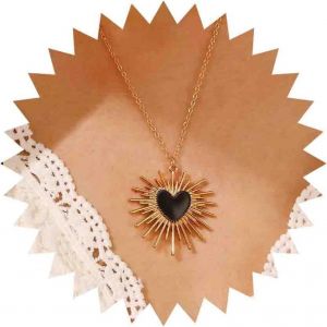Kal-Boho Collier Pendentif Émail Noir C?ur Soleil Rayonnant Collier Cz Rose C?ur Soleil Levant Collier Choker Chaîne Simple Collier Fin Collier Minimaliste Collier Céleste Bijoux Pour Femmes - Neuf