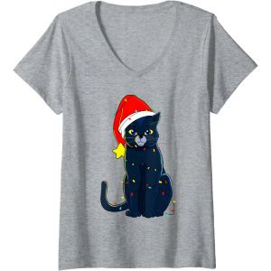 Femme Chat Noir Arbre De No&euml;l Lumi&egrave;res Vacances Chats Amant Cadeau T-Shirt Avec Col En V - Neuf