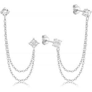 Boucles D'oreilles Chaîne Argent Sterling S925 Pour Femmes Filles Plaqué Or 18k Grimpeur Crawler Gland Chaîne Dangle Goutte Boucles D'oreilles Avec Cristal Étincelant Cz Pour Oreilles Sensibles - Neuf