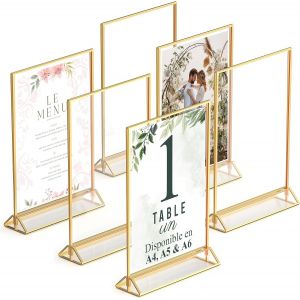 MEVRONISSHOP-Cadres Photos Dor&eacute;s Double Face - Pack de 6 - Porte-num&eacute;ros de table dor&eacute;s en acrylique, chevalets de table transparents pour affiche, porte-menus, cadres photos (A5) - Neuf