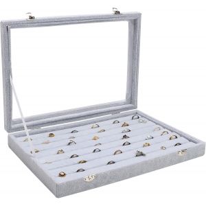Boite Vitrée De Rangement Bague En Velours Gris Avec 7 Sections Et Couvercle - Presentoir Bijoux Avec Fenêtre En Verre Transparente Pour Bagues, Boucles Doreilles Et Boutons De Manchette - Neuf