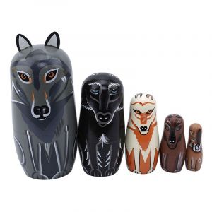 5 pcs/ensemble Nouveau Mignon En Bois Animal Loup Peinture de Nidification Poupées Poupée Russe Matriochka Cadeau Peinture à La Main de Jouet décoration enfants cadeaux - Neuf