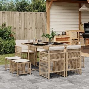 Ensemble À Manger De Jardin Et Coussins 9 Pcs Beige Poly Rotin - Neuf