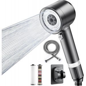 Pommeau de douche avec filtre,pommeau de douche à économie d'eau,filtration en 15 couches,4 types de jet haute pression avec tuyau,chlore résiduel,bactéries et métaux lourds - Neuf