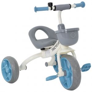 Tricycle Enfant Multi-Équipé Garde-Boue Avant Sonnette Pédales Antidérapantes Selle Avec Dossier Bleu Blanc Gris - Neuf
