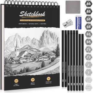 Jexnovashop-Carnet De Dessin A4, Papier Dessin Papier &Eacute;pais 200g/M&sup2;, 12 Crayons De Dessin & Gommes, Reliure Spirale, 50 Feuilles/100 Pages &iquest; Cahier De Dessin Reli&eacute; Id&eacute;al Pour Crayon, Charbon, Pastel - Neuf
