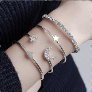 Kalsw-Star Moon Bracelet Boho Open Crystal Bangle Parure De Bijoux Pour Femme Et Fille (Lot De 4) (Argent) - Neuf