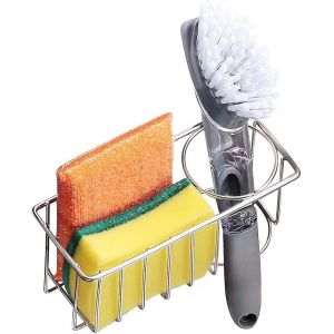 Porte-&eacute;ponge et brosse d'&eacute;vier en acier inoxydable avec crochet adh&eacute;sif - Neuf