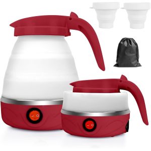 Subzonal-Bouilloire Pliable 0,6 L Mini Bouilloire &Eacute;lectrique En Silicone, Bouilloire Portable De Camping Kettle Mini Bouilloire De Voyage Avec 2 Gobelets Pliables Pour Camping Voyage L'ext&eacute;rieur, Rou - Neuf