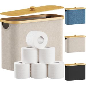 Rangement Papier Toilette, R&eacute;serves &agrave; Rouleaux de Panier Papier Toilette WC avec Bambou Couvercle, Boite Rangement Salle de Bain, Accessoires WC, Panier Rangement Tissu, 23L, Beige - Neuf