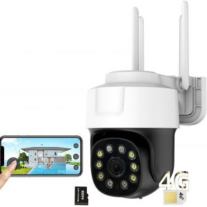 4G LTE Caméra avec SIM Extérieur,Caméra Extérieure avec Vision Nocturne à Couleurs,PTZ 360°/85° Contrôle Vocal Bidirectionnel Détection Humaine Caméra Sans Wifi avec 64G Carte SD - Neuf