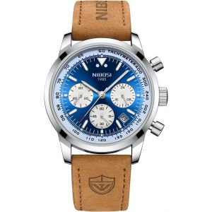 Eryi-Montre Chronographe Pour Homme, Cadran Bleu, Bracelet En Cuir Marron, Boîtier En Acier, Cadeau, Imperméable, Raffiné, Sportif, Mode, Élégant, Classique, À La Mode, De Luxe, Vintage, Argent - Neuf