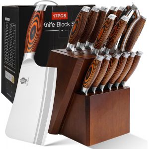 Mevronisshop-Ensemble De Couteaux De Cuisine En Acier Inoxydable Allemand Avec Manche En Bois - 17 Pi&egrave;ces Avec Couteau &Agrave; Viande Et Ciseaux - Neuf