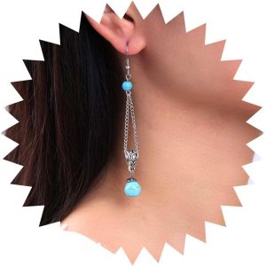 Kal-Boucles D'oreilles Pendantes Turquoises Argent&eacute;es Boucles D'oreilles Pendantes Turquoises Longues Boucles D'oreilles Turquoises En Cha&icirc;ne Boucles D'oreilles Crochet Pierres Turquoises - Neuf
