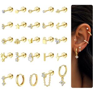 Kalhx-25 Pcs Boucles D'oreilles Femme Bijoux Acier Inoxydable Plaqué Or 14k Oreille Piercing Cartilage Boucles D'oreilles Creoles Piercing Tragus Conch Lobe Helix Piercing Or Argent - Neuf