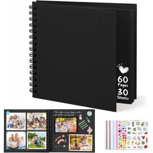 Tianyi-Album Photo Scrapbooking, 8-Inch Album Photo Personnalisable, Carrée Diy Livre Scrapbooking Avec 5 Autocollants, Livre D'or Anniversaire Photo Pour Mariage Et Bébés, Noir, 60 Pages - Neuf