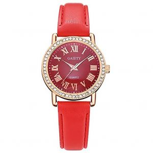 Montre-Bracelet Analogique A Quartz Gaiety Preppy Avec Bracelet En Cuir Synthetique Et Cadran En Strass (Rouge) - Neuf